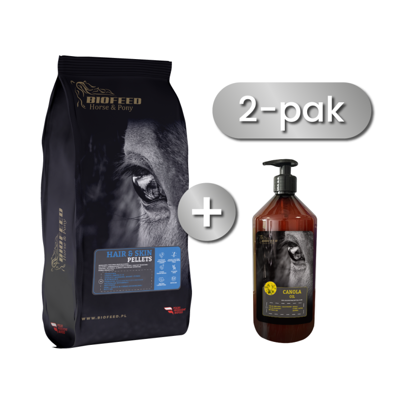 Zestaw: BIOFEED Horse & Pony Hair & Skin Pellets 25 kg + Olej rzepakowy dla koni BIOFEED Horse & Pony Canola Oil 1 l Zestaw: BIOFEED Horse & Pony Hair & Skin Pellets 25 kg + Olej rzepakowy dla koni BIOFEED Horse & Pony Canola Oil 1 l