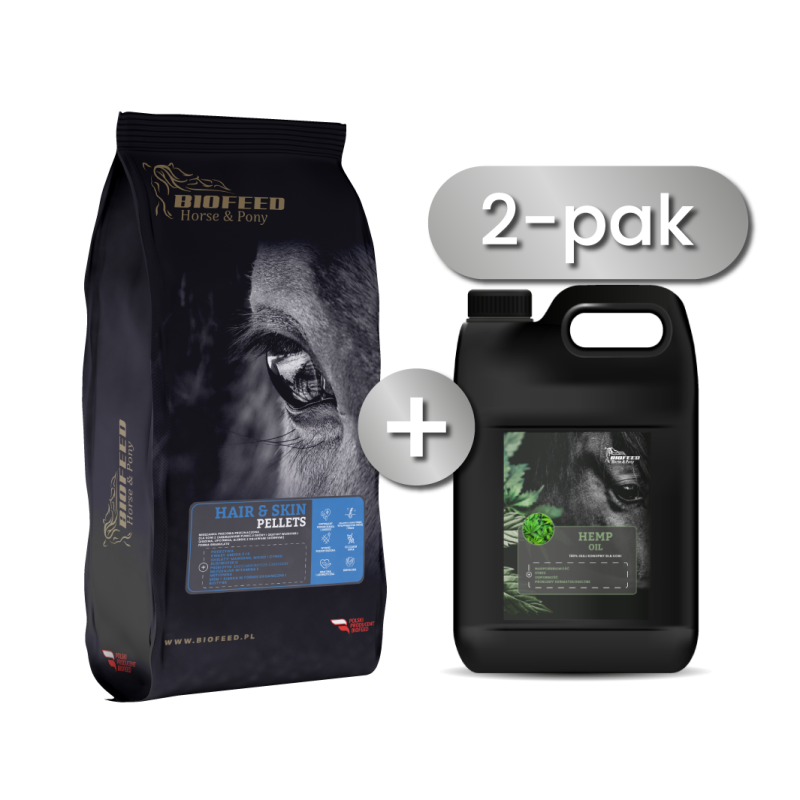 Zestaw: BIOFEED Horse & Pony Hair & Skin Pellets 25 kg + BIOFEED Horse & Pony Hemp Oil 4,5 l Zestaw: BIOFEED Horse & Pony Hair & Skin Pellets 25 kg + BIOFEED Horse & Pony Hemp Oil 4,5 l